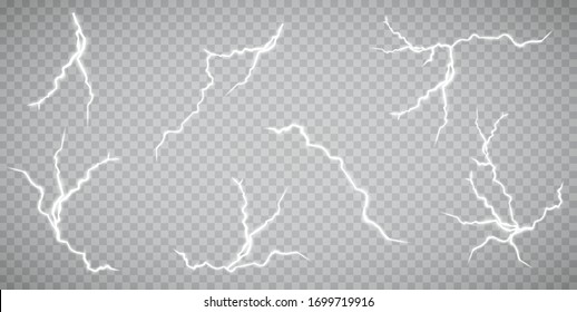 Juego de relámpagos. Tormenta y rayos. Los efectos de luz son mágicos y luminosos. Ilustración vectorial