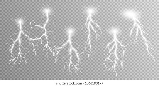 Set of lightnings. Thunder-storm and lightnings. Magic and bright lighting effects. Vector Illustration