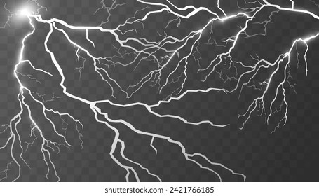 Satz Blitze. Gewitter und Blitze. Zauberhafte und helle Lichteffekte. Vektorgrafik