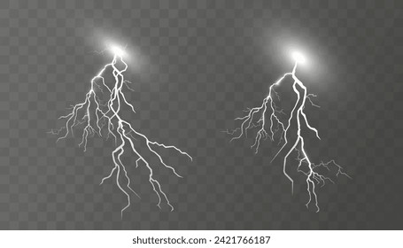 Juego de relámpagos. Tormenta eléctrica y rayos. La iluminación es mágica y luminosa. Ilustración vectorial