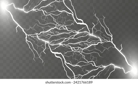 Juego de relámpagos. Tormenta eléctrica y rayos. La iluminación es mágica y luminosa. Ilustración vectorial