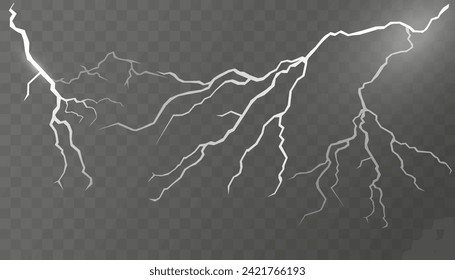Juego de relámpagos. Tormenta eléctrica y rayos. La iluminación es mágica y luminosa. Ilustración vectorial
