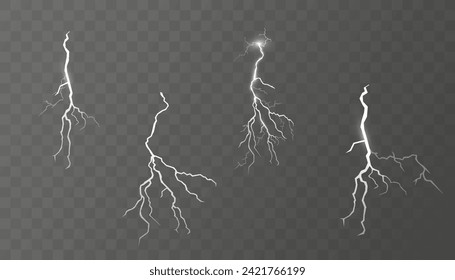 Set of lightnings. Thunder-storm and lightnings. Magic and bright lighting effects. Vector Illustration