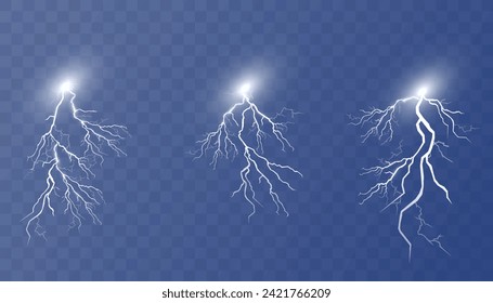 Satz Blitze. Gewitter und Blitze. Zauberhafte und helle Lichteffekte. Vektorgrafik