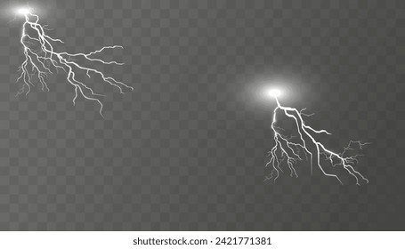 Juego de relámpagos. Tormenta eléctrica y rayos. La iluminación es mágica y luminosa. Ilustración vectorial
