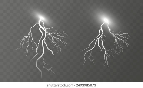 Set of lightnings. Thunder-storm and lightnings. Magic and bright lighting effects. Vector Illustration
