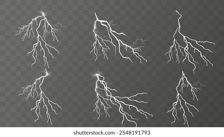 Conjunto de relámpagos. Tormenta de truenos y relámpagos. Efectos de iluminación mágicos y brillantes. Ilustración vectorial