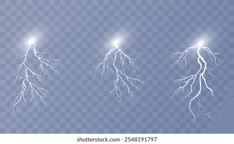 Conjunto de relámpagos. Tormenta de truenos y relámpagos. Efectos de iluminación mágicos y brillantes. Ilustración vectorial