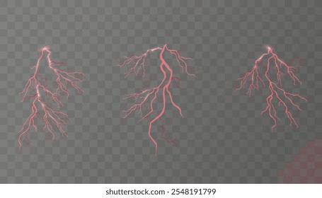 Conjunto de relámpagos. Tormenta de truenos y relámpagos. Efectos de iluminación mágicos y brillantes. Ilustración vectorial