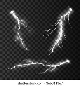 Set of lightnings. Thunder-storm and lightnings. Magic and bright lighting effects. Vector Illustration