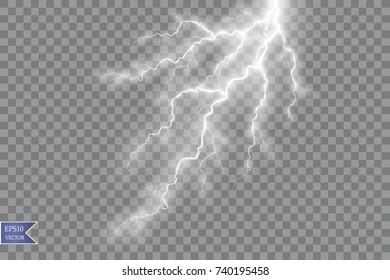 Set of lightnings. Thunder-storm and lightnings. Magic and bright lighting effects. Vector Illustration


