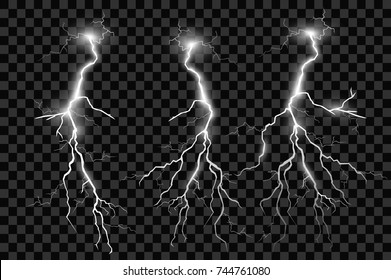 Set of lightnings. Thunder-storm and lightnings. Magic and bright lighting effects. Vector Illustration