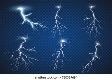 Set of lightnings. Thunder-storm and lightnings. Magic and bright lighting effects.