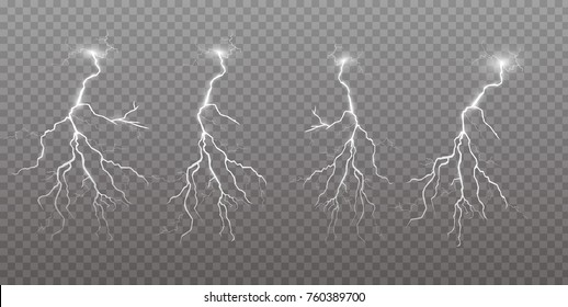 Set of lightnings. Thunder-storm and lightnings. Magic and bright lighting effects.