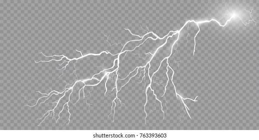 Set of lightnings. Thunder-storm and lightnings. Magic and bright lighting effects. Vector Illustration