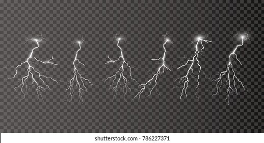 Set of lightnings. Thunder-storm and lightnings. Magic and bright lighting effects.