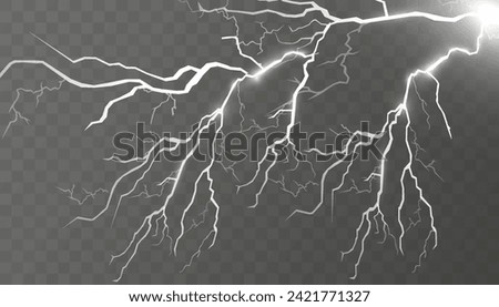 Set of lightnings. Thunder-storm and lightnings. Magic and bright lighting effects. Vector Illustration
