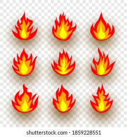 Set of lights on transparent background. Flame. Fire. Vector illustration.