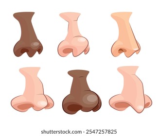 Set of light-skinned and dark-skinned noses in cartoon style. Vector illustration of noses of different shapes and sizes isolated on white background. With humps, straight, eagle-shaped, snub noses.