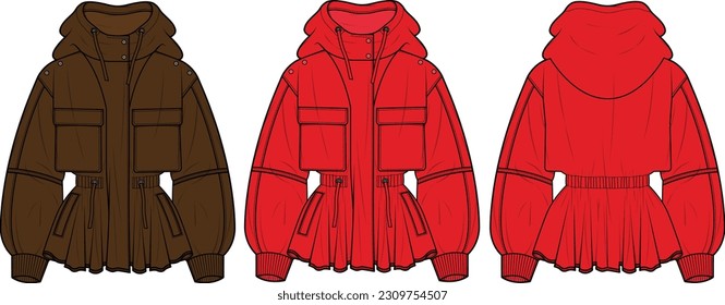 Set lightweight puffer jacket front   back flat sketch technical drawing vector illustration template