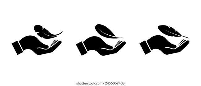 Set of lightweight vector icons. Bird feather in hand. Soft, ease or sensitive symbols.