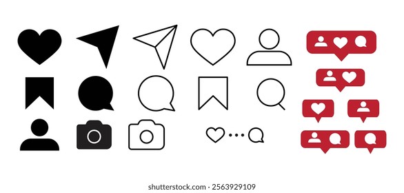 Set of like comment, camera, user, share, save, like buttons icons for graphic design.