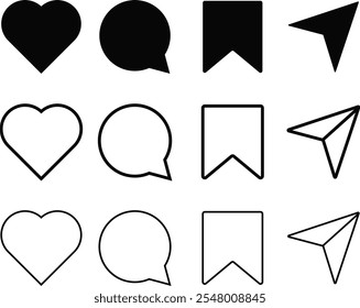 Set of Like, comment, share, save icon. Social media symbol. collection. Follow, heart, comment, share app interface
