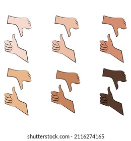 Set of like and dislike gestures in different skin colours simple outline minimalistic linear gesture style. Vector Illustration of female hands for create designs on white background