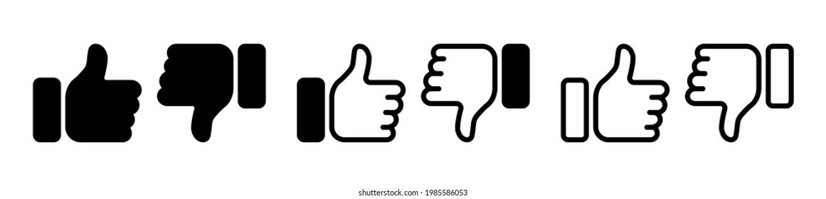 Set of like and dislike icons in different style, thumb up and thumb down