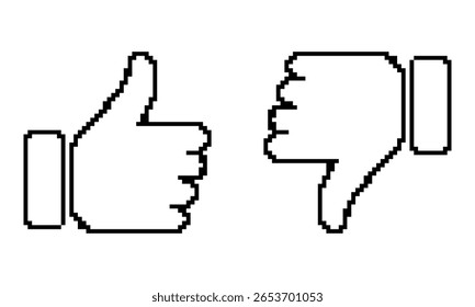 Conjunto de modelos Like Dislike no estilo pixel art. As silhuetas negras dos comentários das mídias sociais. Polegar para cima, polegar para baixo, rótulos. Isolado sobre fundo branco