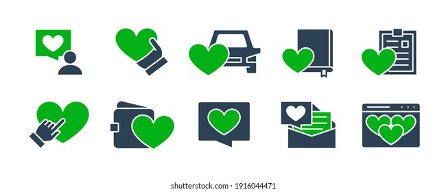 Set of like feedback colored icons. Friendship, love, charity, donation, social networks and more.