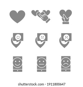 Set of like feedback gray icons. Charity, donation, customers review, social networks and more.