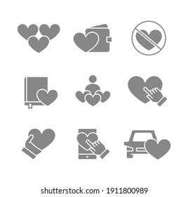 Set of like feedback gray icons. Friendship, charity, donation, navigation, social networks and more.