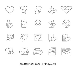 Set of like feedback line icons. Friendship, love, charity, donation, social networks and more.