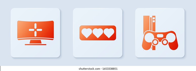 Set Like and heart, Computer monitor and Game console with joystick. White square button. Vector