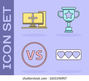 Set Like and heart, Computer monitor, VS Versus battle and Award cup icon. Vector