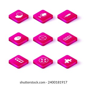 Set Like and heart, Gamepad, Computer mouse Games, Target sport, Piece of puzzle, Stereo altavoz, Sword for game y el icono del micrófono. Vector