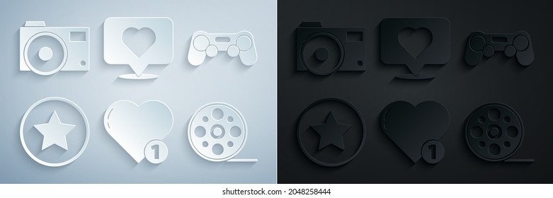Set Like and heart, Gamepad, Star, Film reel e icono de la cámara fotográfica. Vector