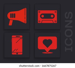 Set Like and heart, Megaphone, Retro audio cassette tape and Smartphone, mobile phone icon. Vector