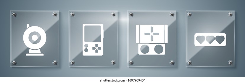 Set Like and heart, Portable video game console, Portable video game console and Web camera. Square glass panels. Vector