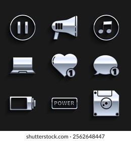 Set Like and heart, Power button, Floppy disk for computer data storage, Speech bubble chat, Battery charge level indicator, Laptop, Music note, tone and Pause icon. Vector