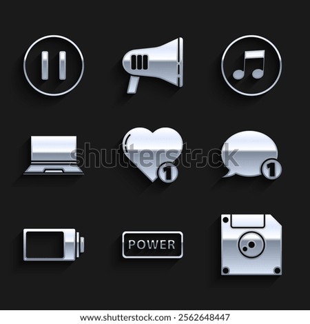 Set Like and heart, Power button, Floppy disk for computer data storage, Speech bubble chat, Battery charge level indicator, Laptop, Music note, tone and Pause icon. Vector