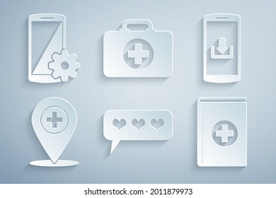 Set Like and heart, Smartphone with download, Medical location cross, book, First aid kit and Setting smartphone icon. Vector