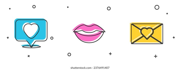 Set Like and heart, Smiling lips and Envelope with Valentine icon. Vector