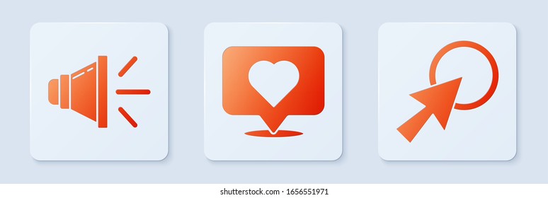 Set Like and heart, Speaker volume and Arrow cursor. White square button. Vector