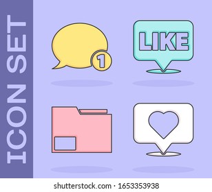 Set Like and heart, Speech bubble chat, Document folder and Like in speech bubble icon. Vector