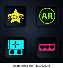 Set Like and heart, Star, Portable video game console and Ar, augmented reality. Black square button. Vector