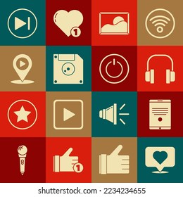 Set Like and heart, Tablet, Headphones, Picture landscape, Floppy disk for computer data storage, Digital media play with location, Fast forward and Power button icon. Vector
