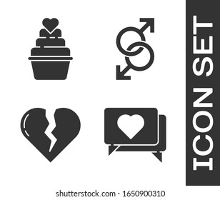 Set Like and heart, Wedding cake with heart, Broken heart or divorce and Male gender symbol icon. Vector