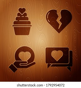 Set Like and heart, Wedding cake with heart, Heart on hand and Broken heart or divorce on wooden background. Vector